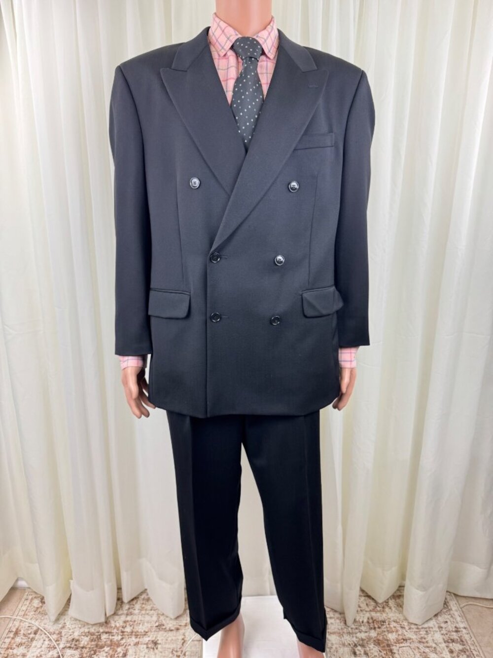 Men’s Albert Nippon Double Breast Wool Blend Suit Black Size 43R Pleated Pants